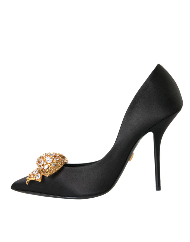 Black Satin Bow Crystal Heels Pumps Shoes Dolce & Gabbana