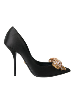 Black Satin Bow Crystal Heels Pumps Shoes Dolce & Gabbana