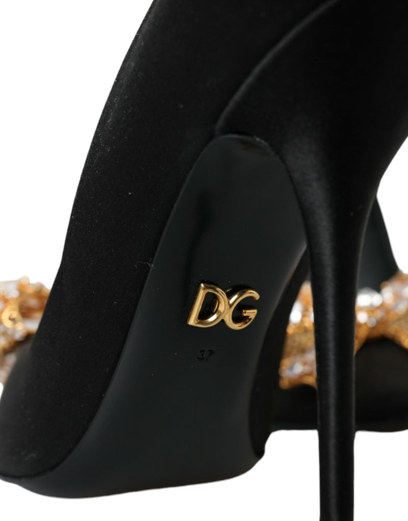 Black Satin Bow Crystal Heels Pumps Shoes Dolce & Gabbana