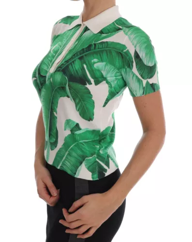 Green Banana Print Silk Polo T-shirt Dolce & Gabbana