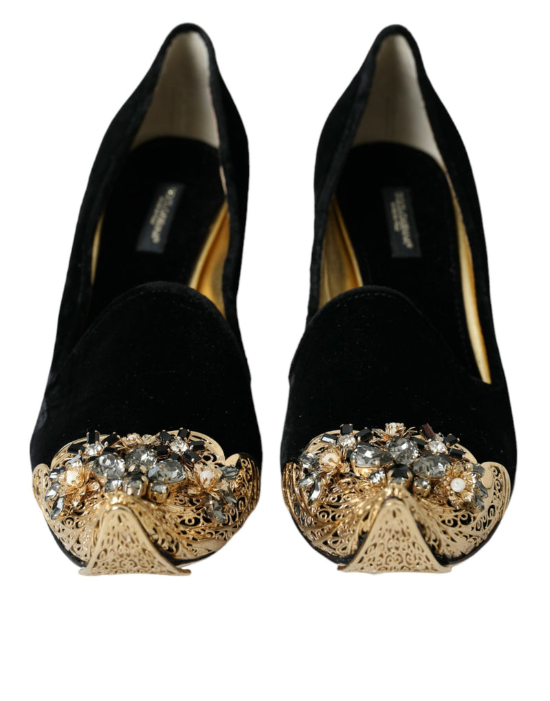 Black Velvet Embellished Heels Pumps Shoes Dolce & Gabbana