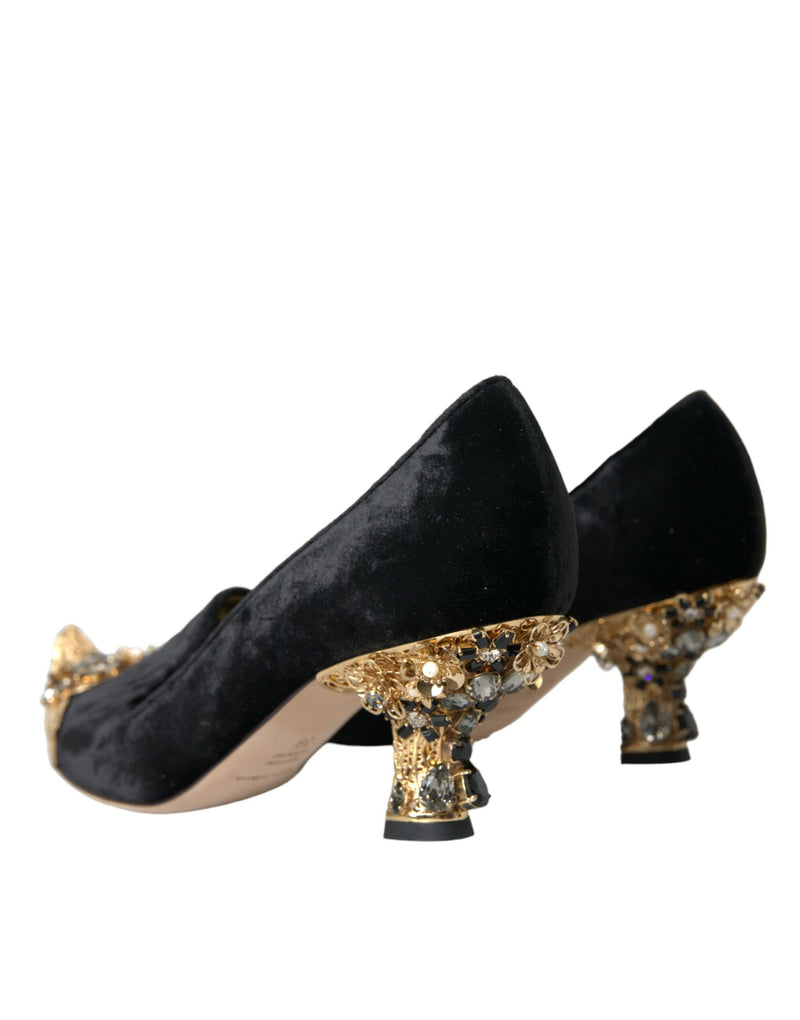 Black Velvet Embellished Heels Pumps Shoes Dolce & Gabbana