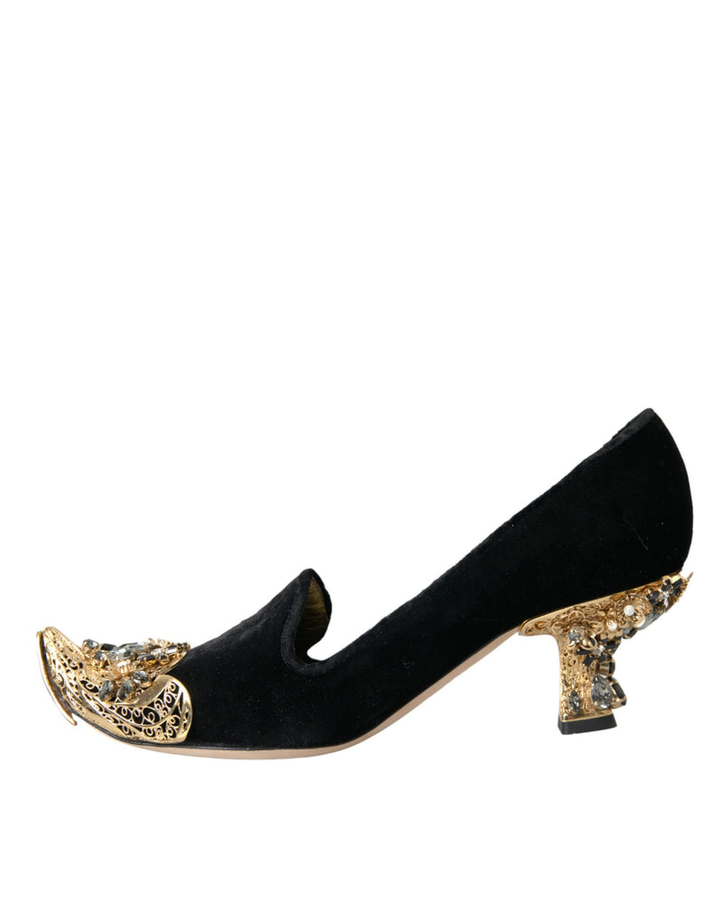 Black Velvet Embellished Heels Pumps Shoes Dolce & Gabbana