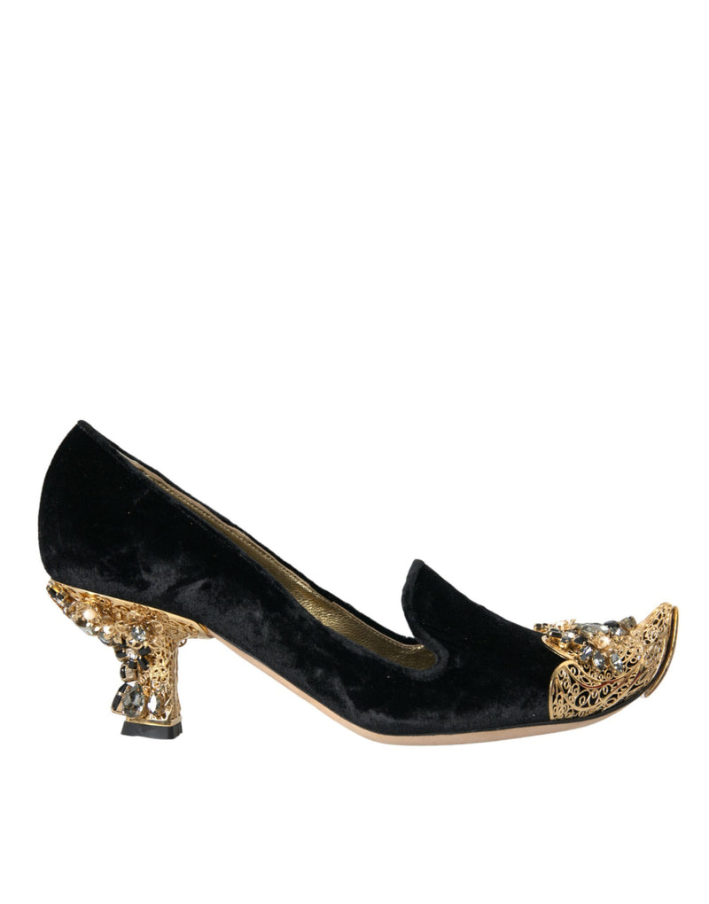 Black Velvet Embellished Heels Pumps Shoes Dolce & Gabbana