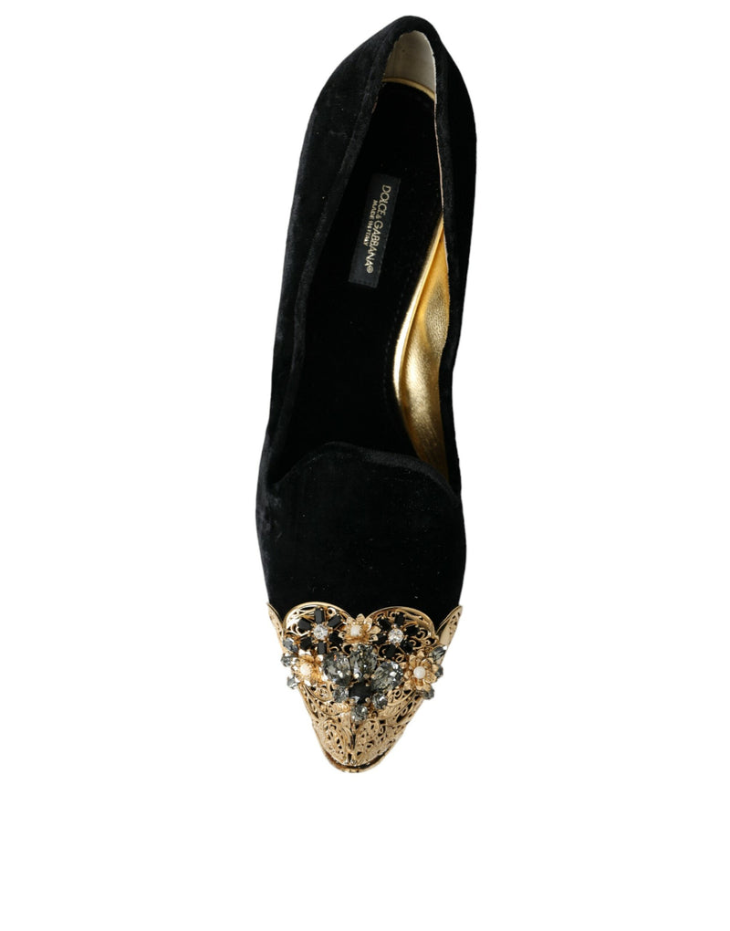 Black Velvet Embellished Heels Pumps Shoes Dolce & Gabbana