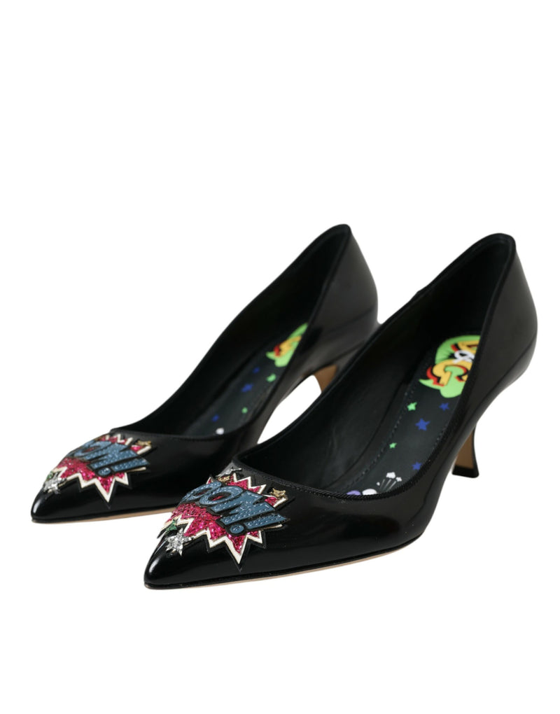 Black Leather BOOM Patch Heels Pumps Shoes Dolce & Gabbana