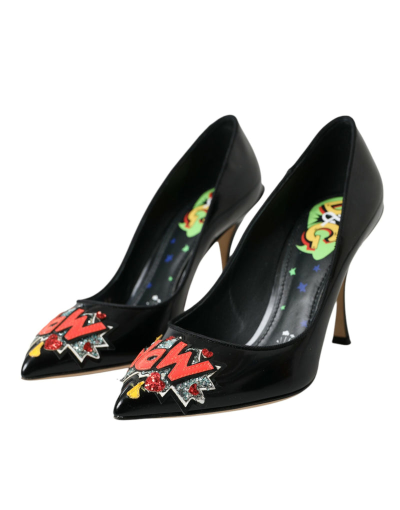 Black Leather WOW Patch Heels Pumps Shoes Dolce & Gabbana