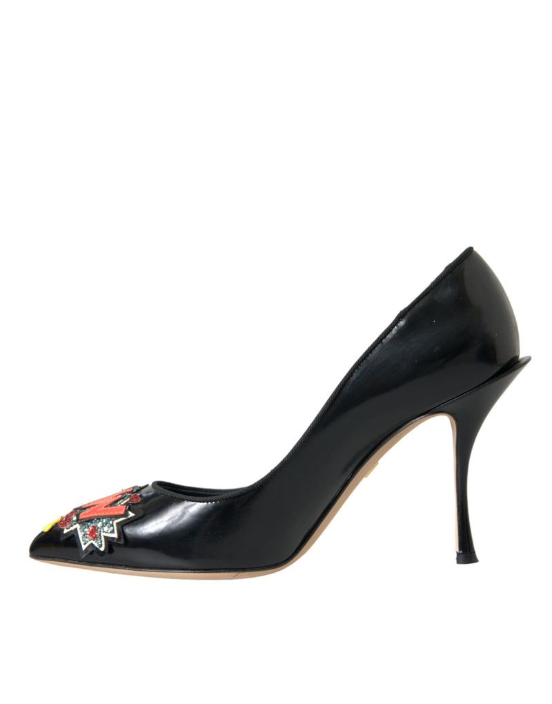 Black Leather WOW Patch Heels Pumps Shoes Dolce & Gabbana