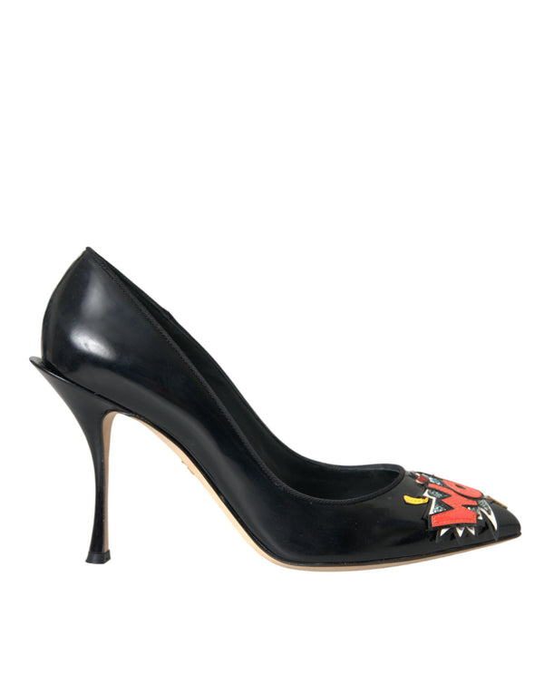 Black Leather WOW Patch Heels Pumps Shoes Dolce & Gabbana