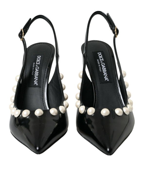 Black Leather Faux Pearl Heel Slingback Shoes Dolce & Gabbana