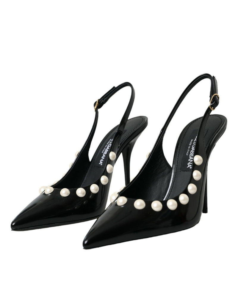 Black Leather Faux Pearl Heel Slingback Shoes Dolce & Gabbana