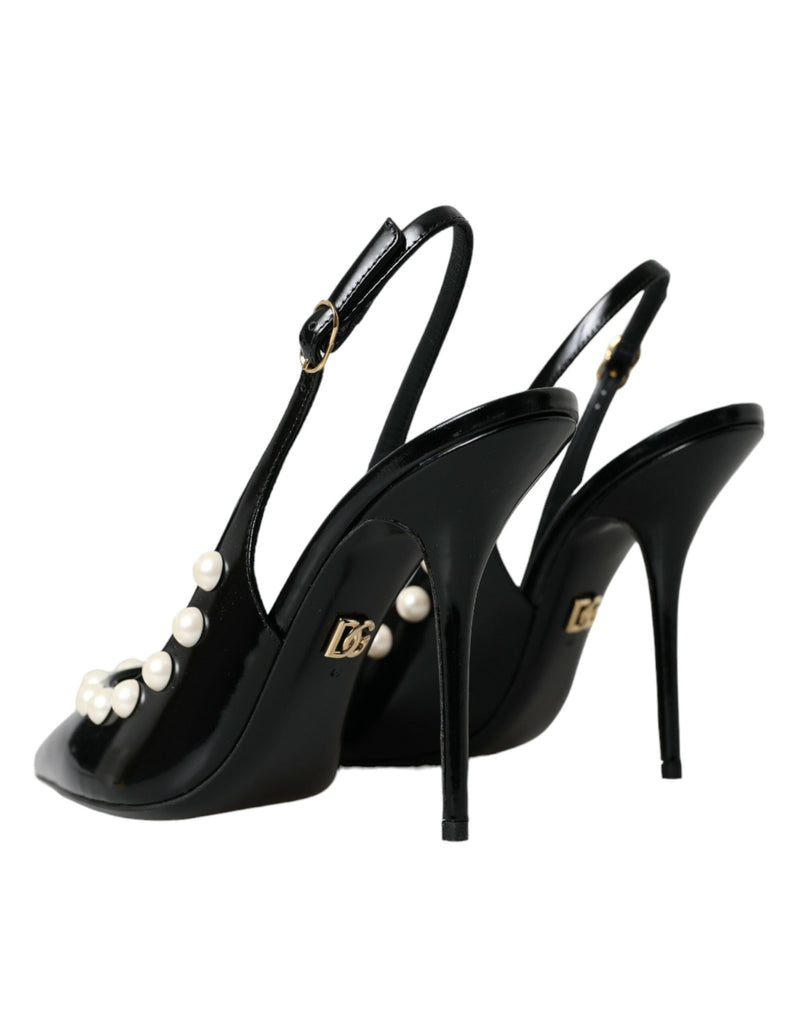 Black Leather Faux Pearl Heel Slingback Shoes Dolce & Gabbana