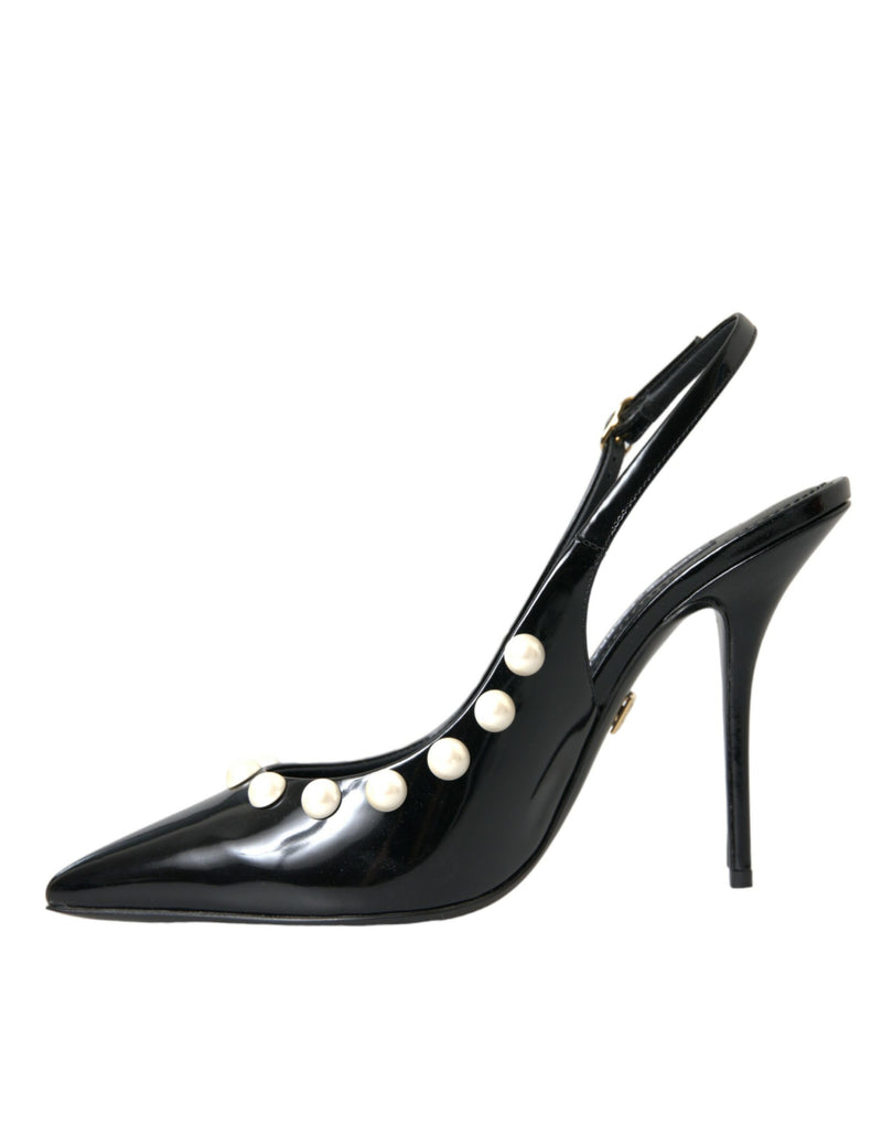 Black Leather Faux Pearl Heel Slingback Shoes Dolce & Gabbana