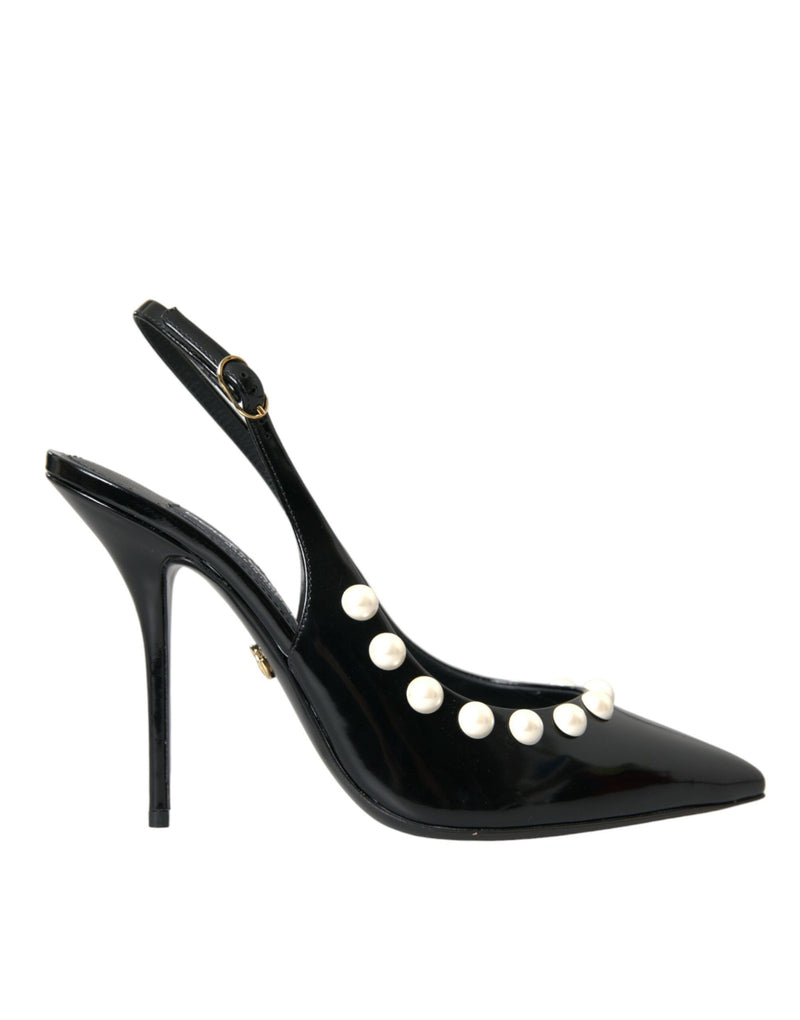 Black Leather Faux Pearl Heel Slingback Shoes Dolce & Gabbana