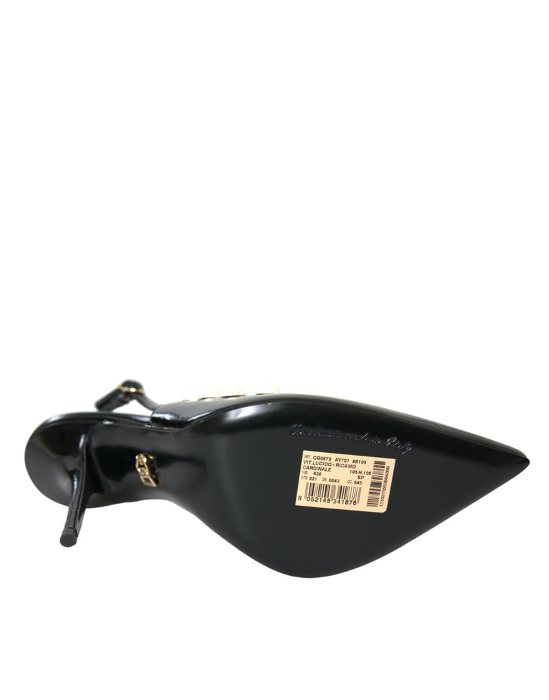 Black Leather Faux Pearl Heel Slingback Shoes Dolce & Gabbana