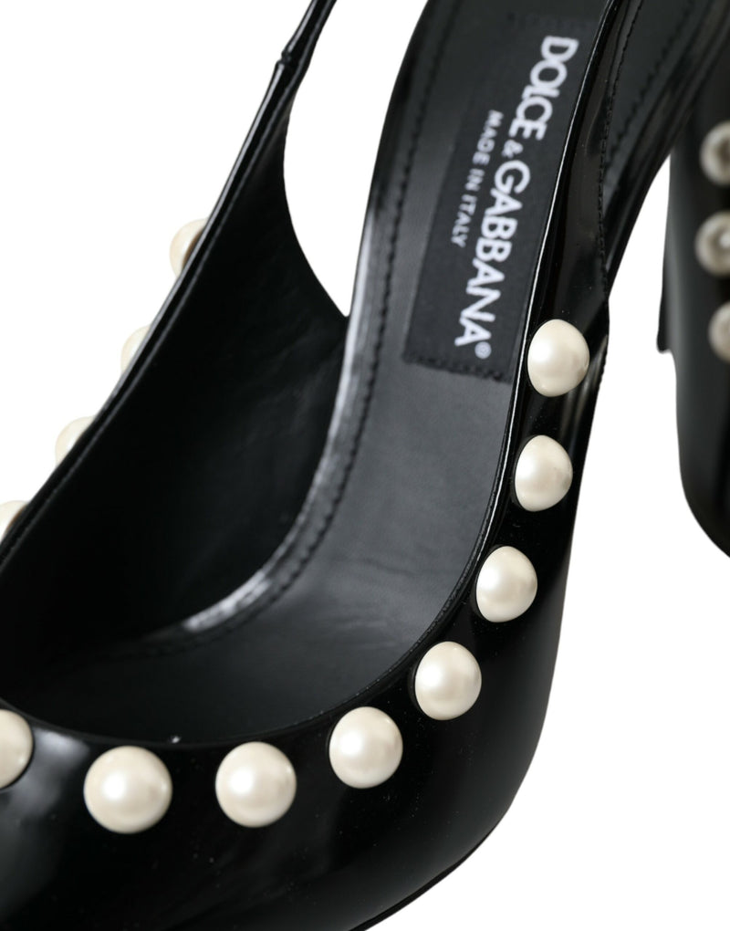 Black Leather Faux Pearl Heel Slingback Shoes Dolce & Gabbana