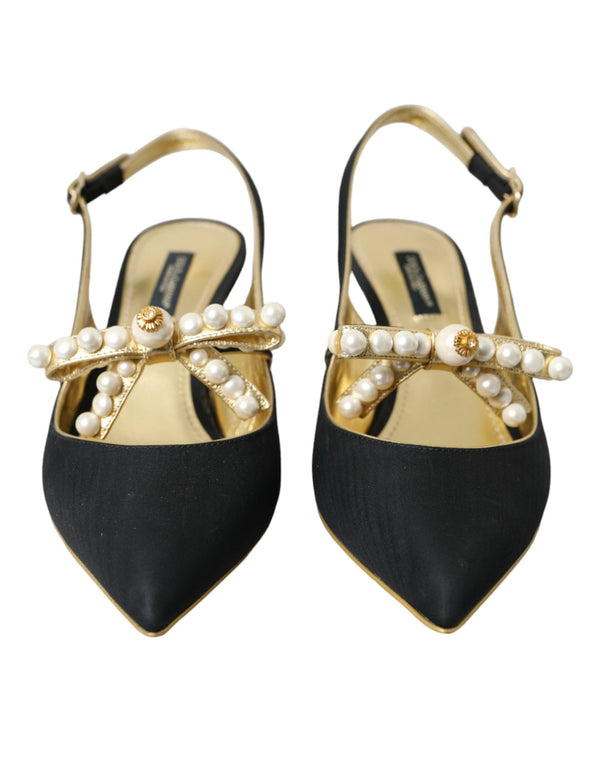 Black Leather Faux Pearls Slingbacks Shoes Dolce & Gabbana