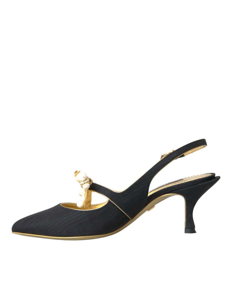 Black Leather Faux Pearls Slingbacks Shoes Dolce & Gabbana