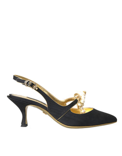 Black Leather Faux Pearls Slingbacks Shoes Dolce & Gabbana