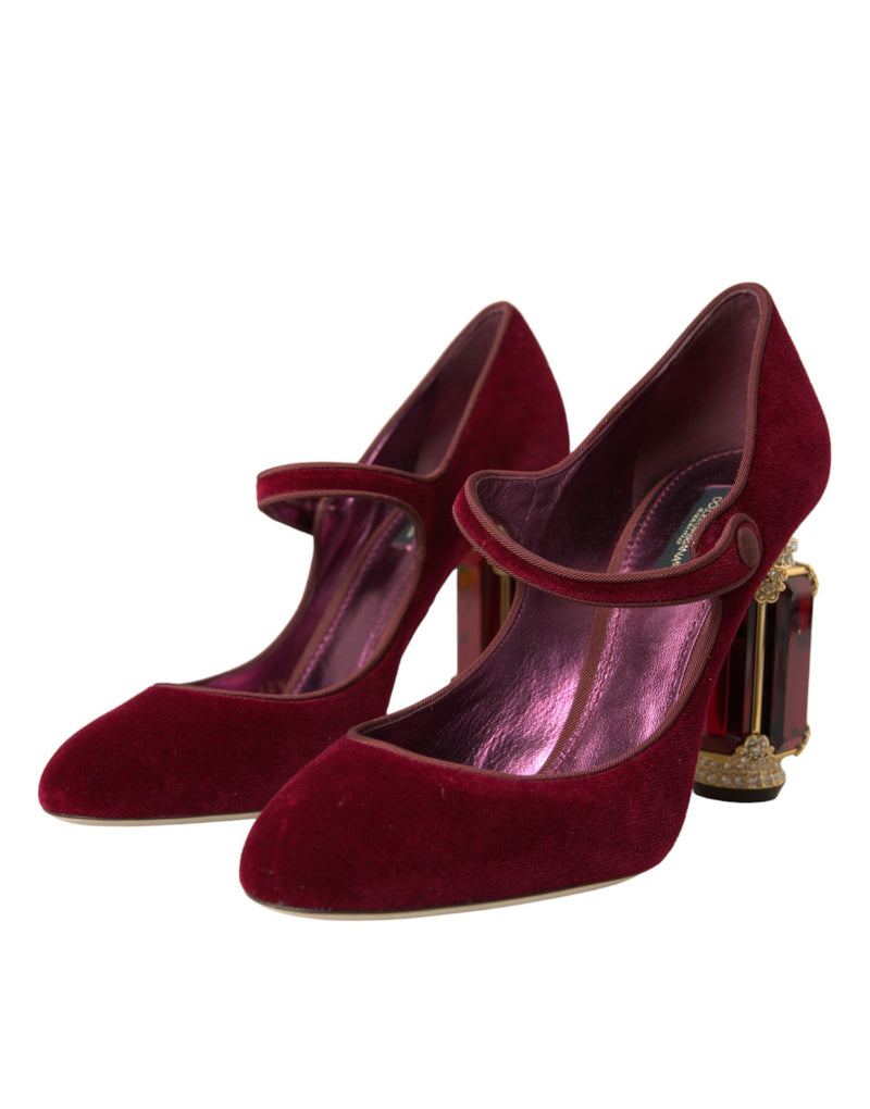 Red Velvet Gold Crystals Heels Mary Jane Shoes Dolce & Gabbana