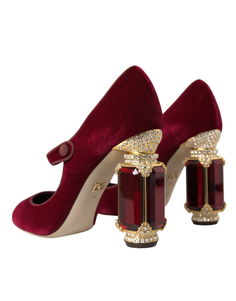 Red Velvet Gold Crystals Heels Mary Jane Shoes Dolce & Gabbana