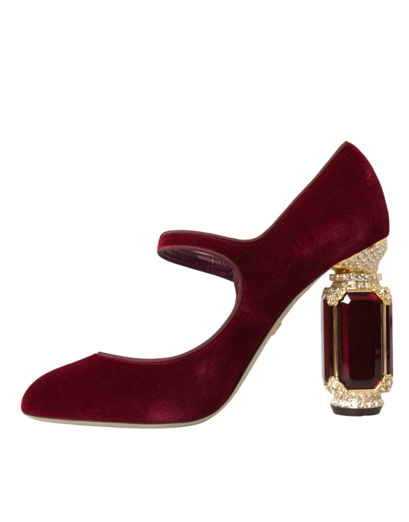 Red Velvet Gold Crystals Heels Mary Jane Shoes Dolce & Gabbana