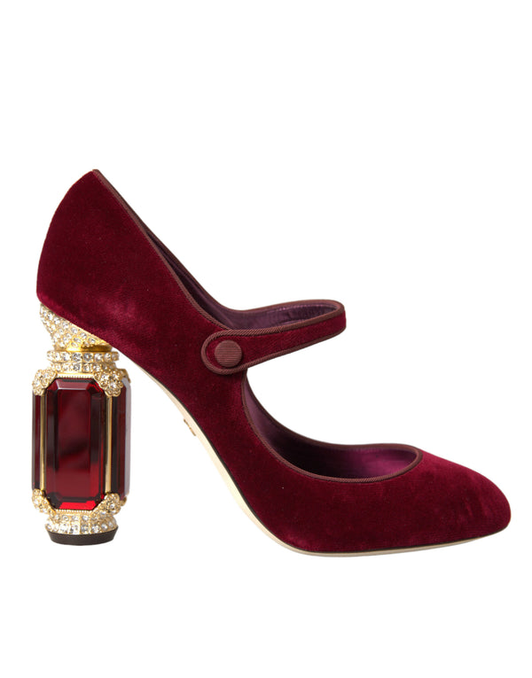 Red Velvet Gold Crystals Heels Mary Jane Shoes Dolce & Gabbana