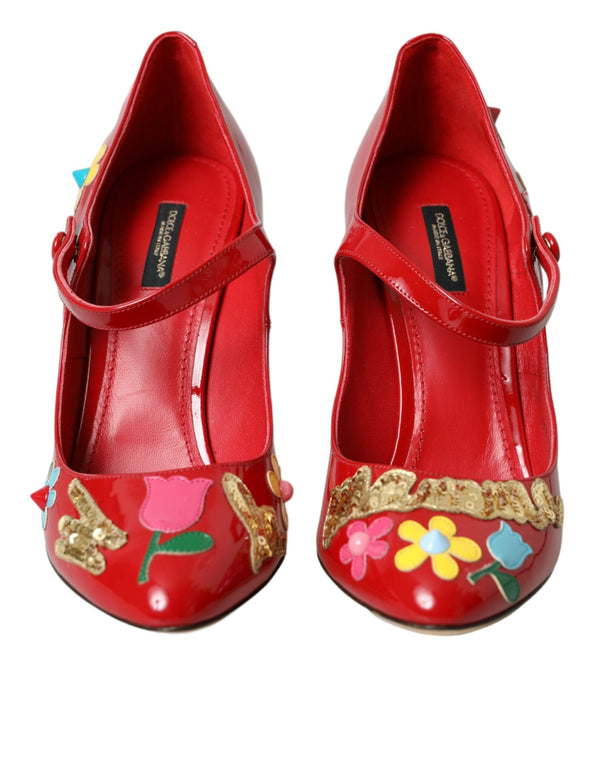 Red Leather Embellished Mary Jane Pumps Heels Shoes Dolce & Gabbana