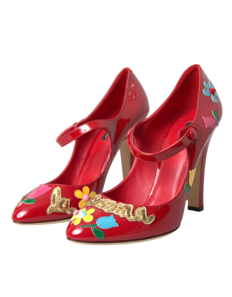 Red Leather Embellished Mary Jane Pumps Heels Shoes Dolce & Gabbana