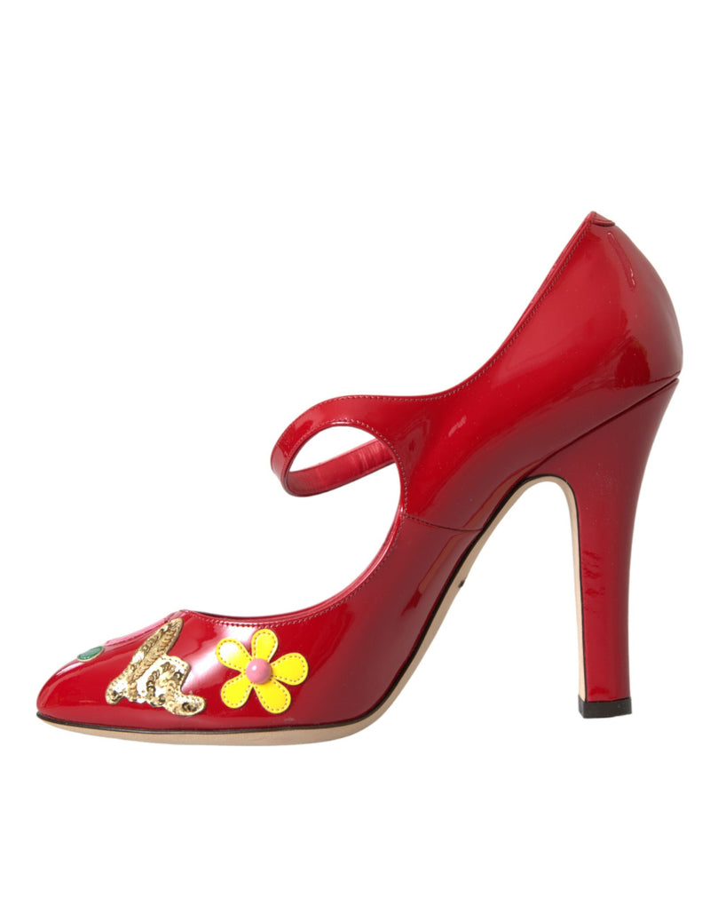 Red Leather Embellished Mary Jane Pumps Heels Shoes Dolce & Gabbana