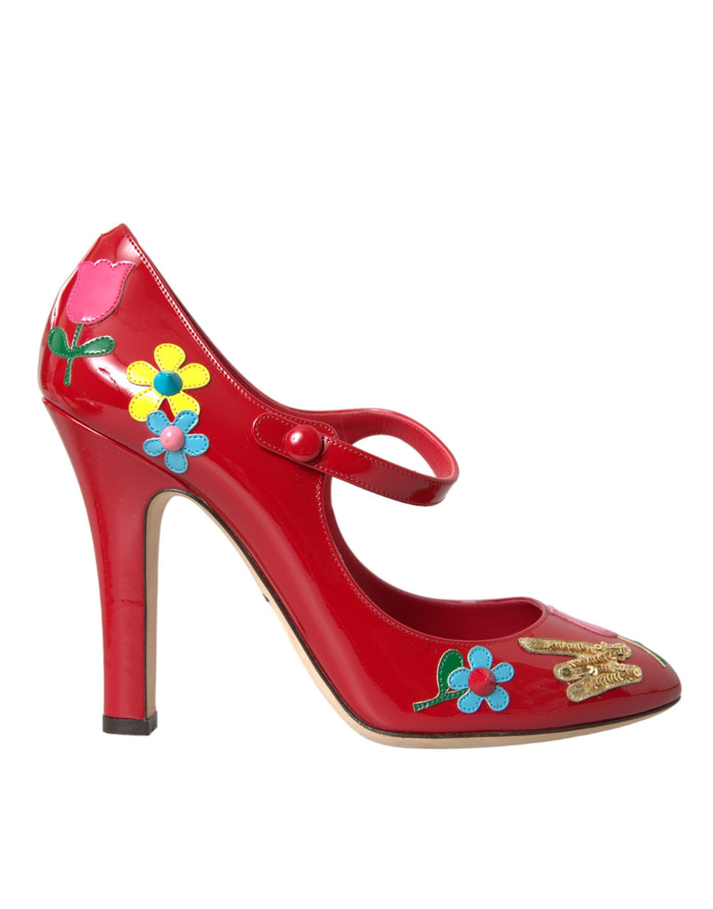 Red Leather Embellished Mary Jane Pumps Heels Shoes Dolce & Gabbana