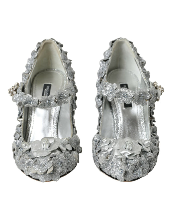 Silver Floral Crystal Mary Jane Pumps Shoes Dolce & Gabbana