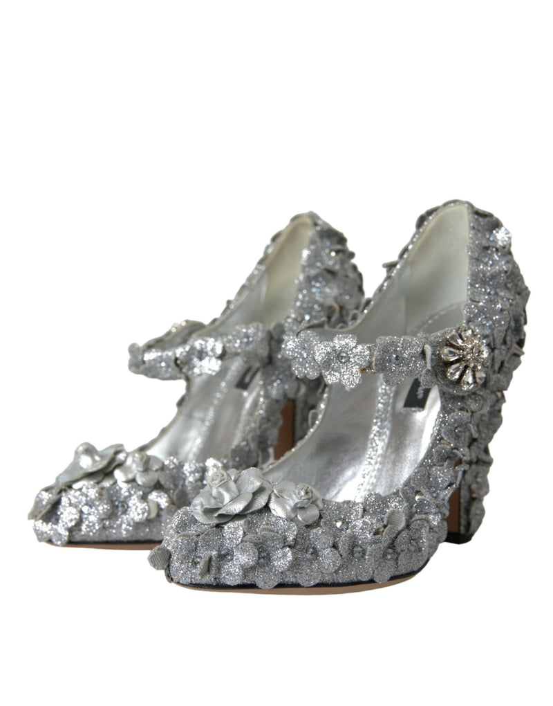 Silver Floral Crystal Mary Jane Pumps Shoes Dolce & Gabbana