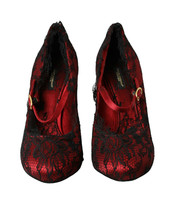 Red Black Floral Lace Mary Jane Pumps Shoes Dolce & Gabbana