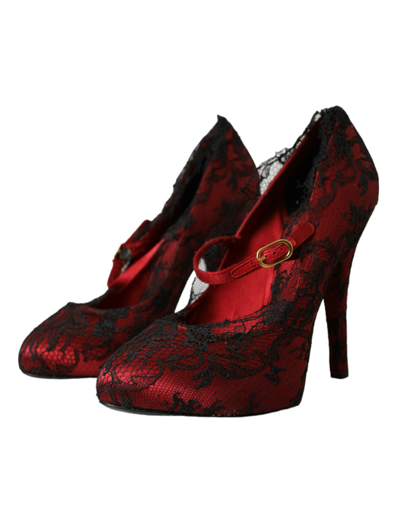 Red Black Floral Lace Mary Jane Pumps Shoes Dolce & Gabbana