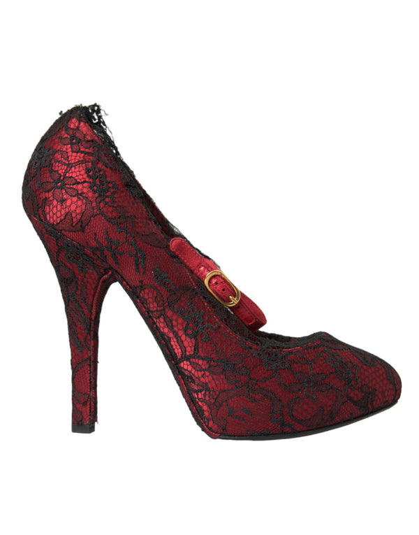 Red Black Floral Lace Mary Jane Pumps Shoes Dolce & Gabbana