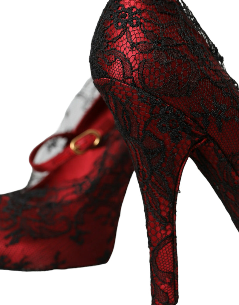 Red Black Floral Lace Mary Jane Pumps Shoes Dolce & Gabbana