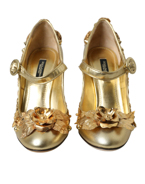 Gold Leather Crystal Mary Janes Pumps Shoes Dolce & Gabbana