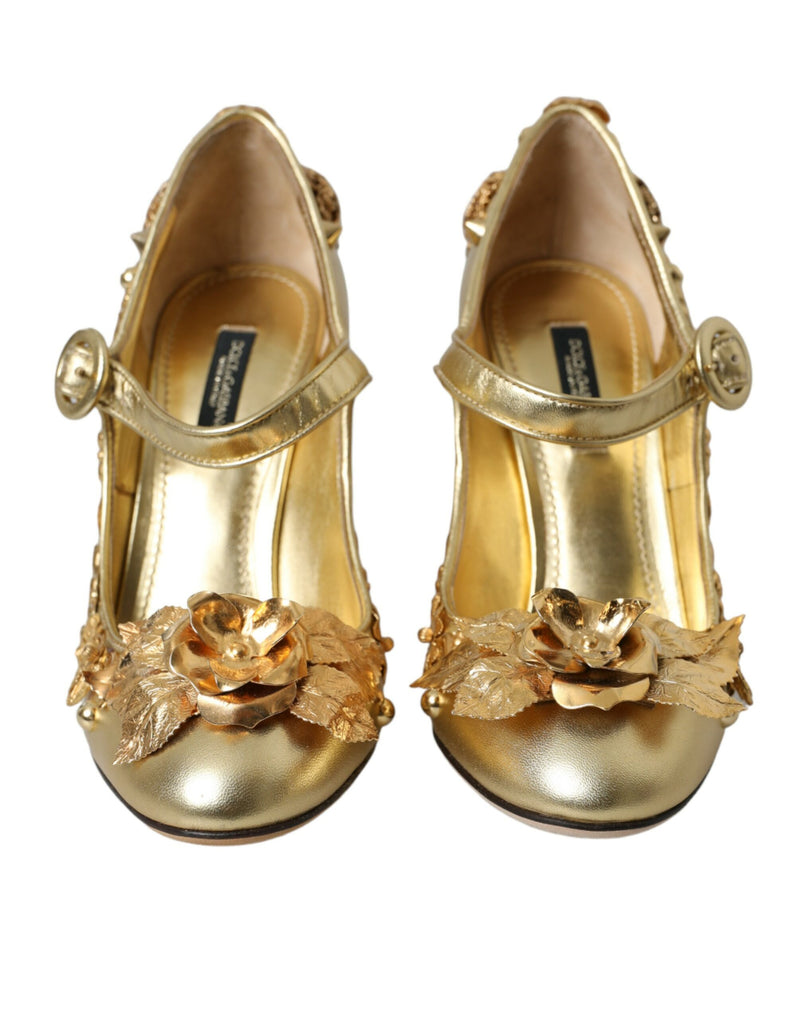 Gold Leather Crystal Mary Janes Pumps Shoes Dolce & Gabbana