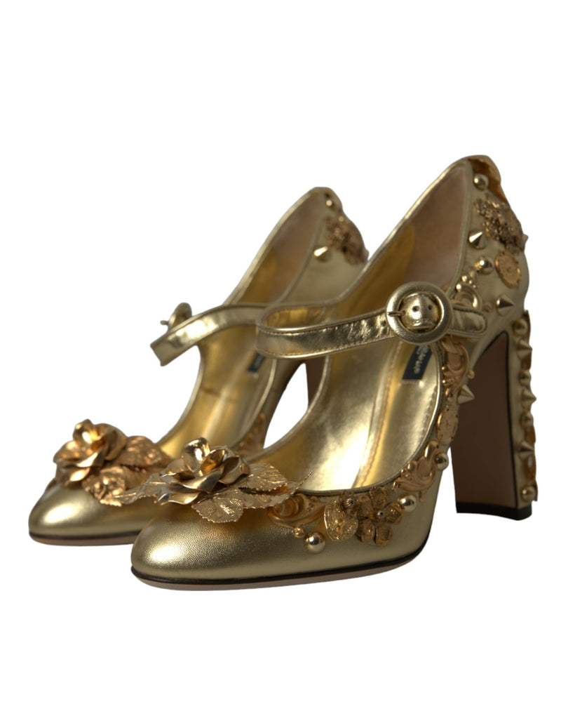 Gold Leather Crystal Mary Janes Pumps Shoes Dolce & Gabbana