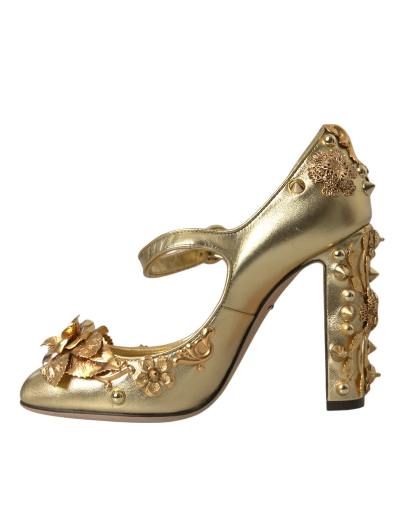 Gold Leather Crystal Mary Janes Pumps Shoes Dolce & Gabbana