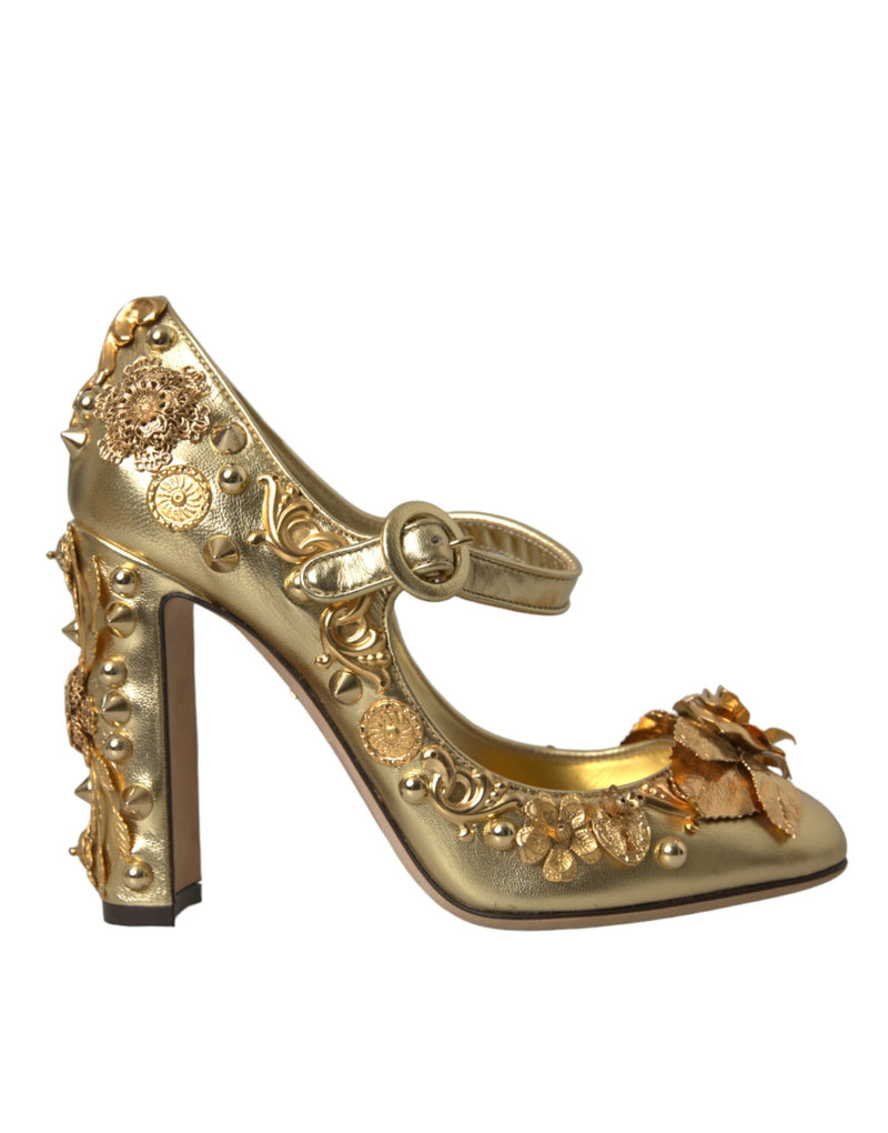 Gold Leather Crystal Mary Janes Pumps Shoes Dolce & Gabbana