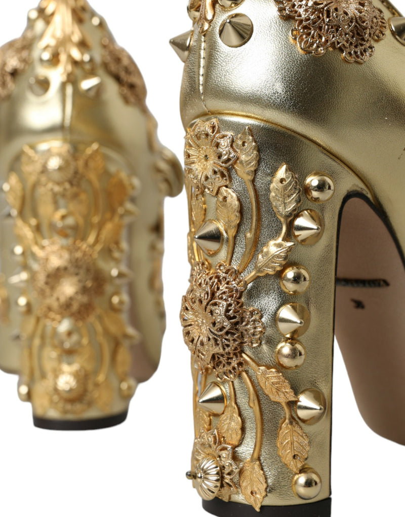 Gold Leather Crystal Mary Janes Pumps Shoes Dolce & Gabbana