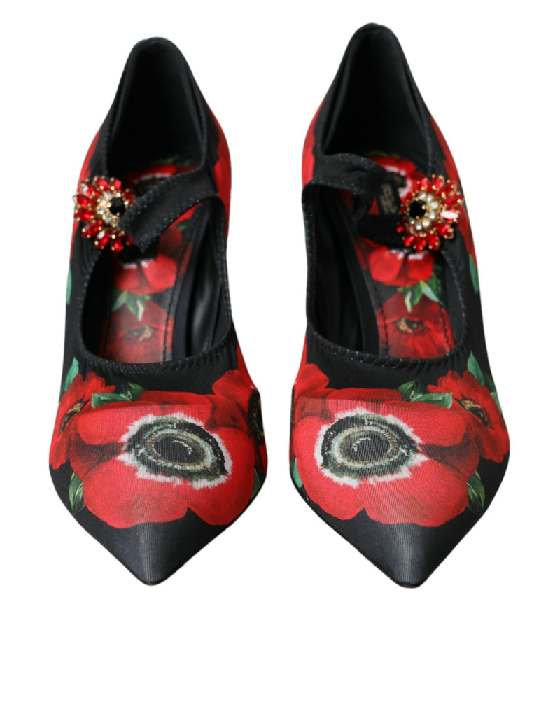 Black Floral Crystal Mary Jane Pumps Shoes Dolce & Gabbana