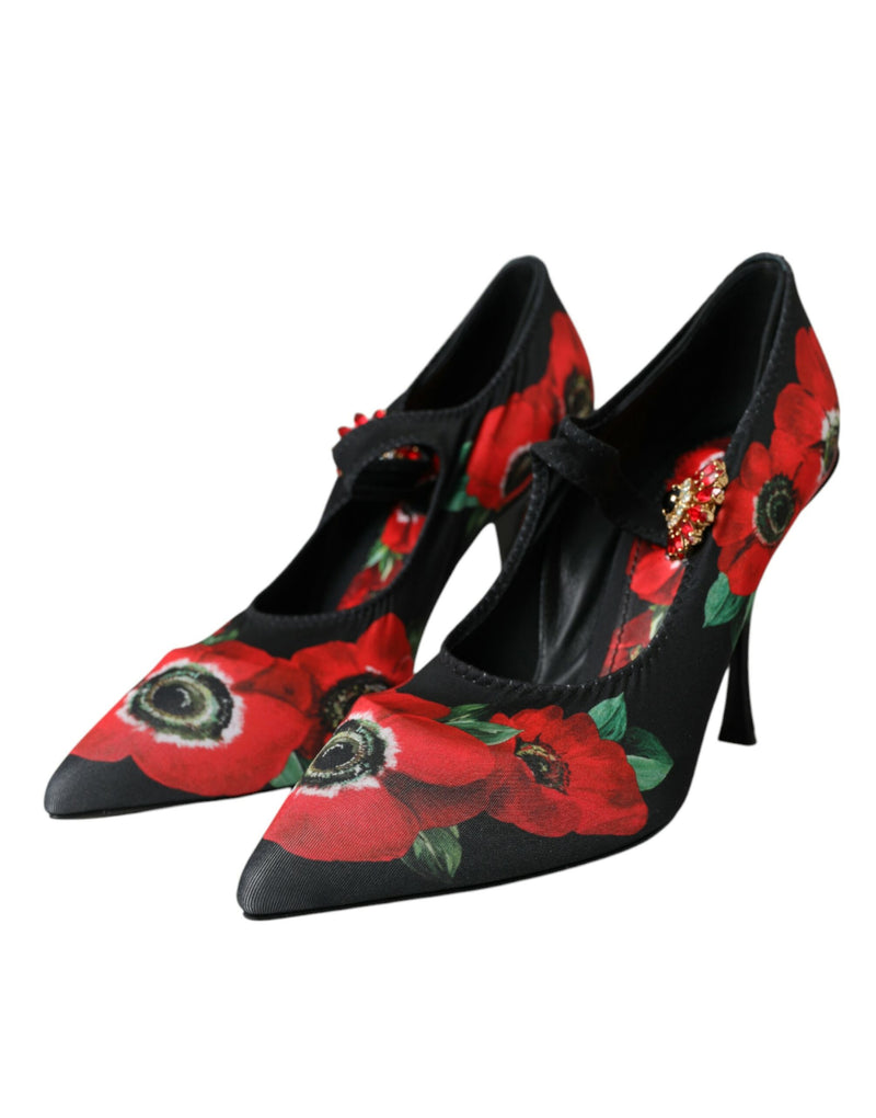 Black Floral Crystal Mary Jane Pumps Shoes Dolce & Gabbana