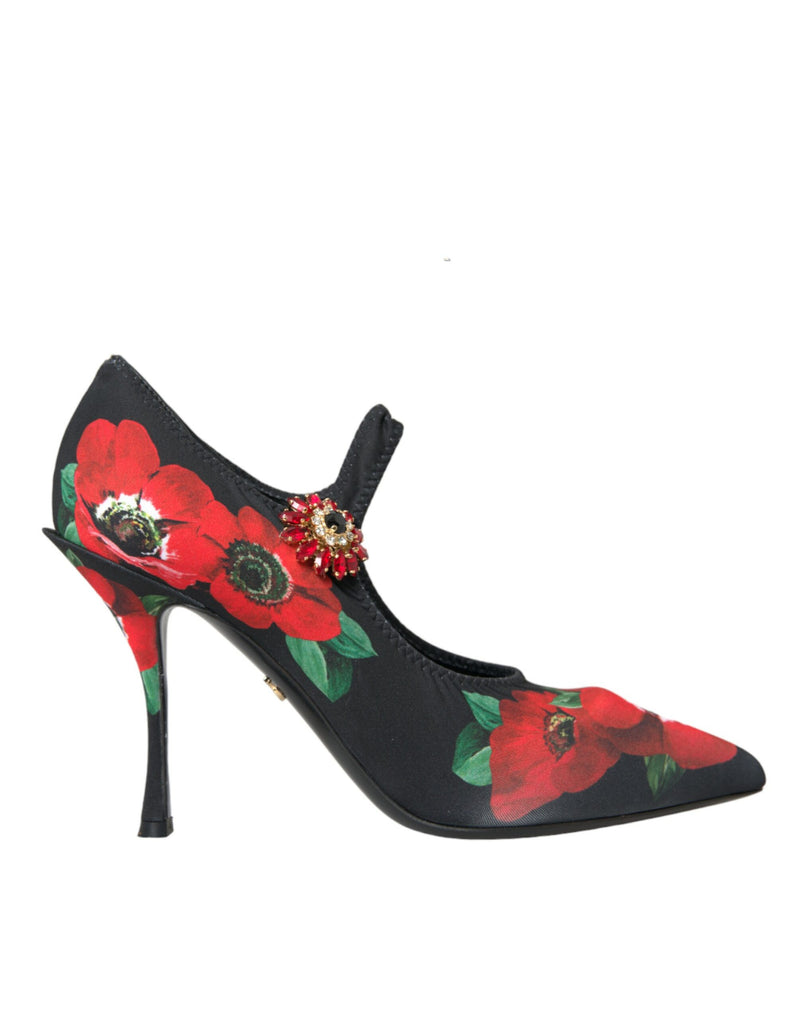 Black Floral Crystal Mary Jane Pumps Shoes Dolce & Gabbana