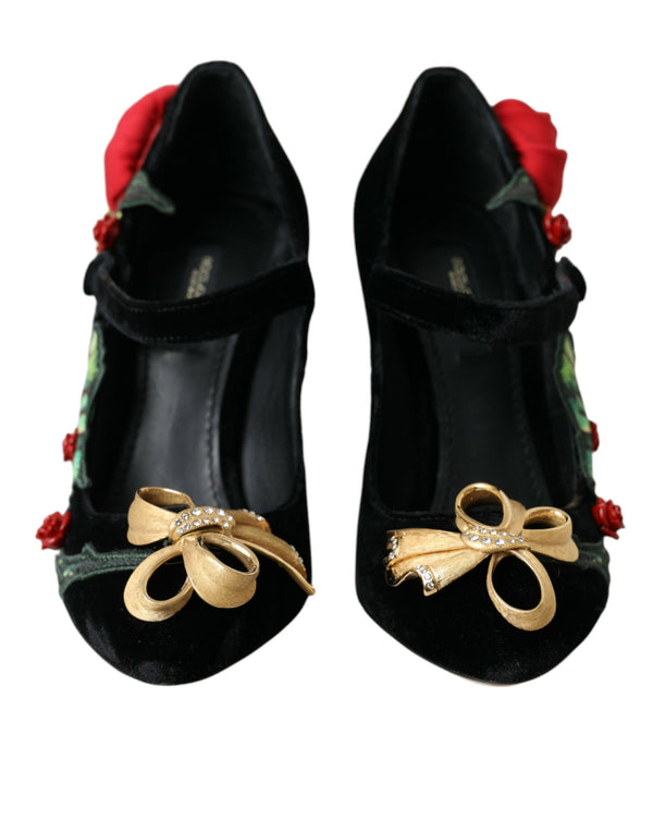 Black Roses Crystal Brooch Mary Jane Shoes Dolce & Gabbana