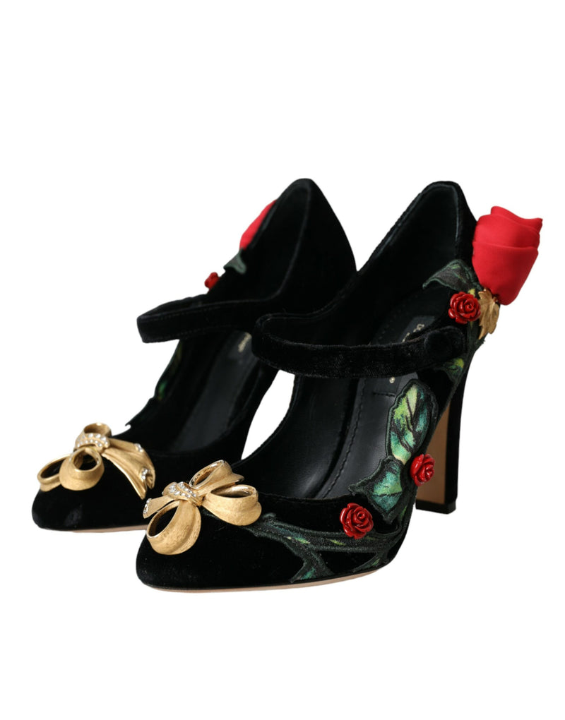 Black Roses Crystal Brooch Mary Jane Shoes Dolce & Gabbana