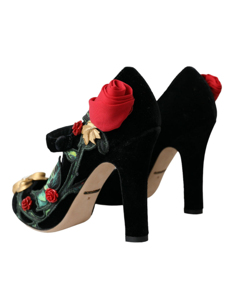 Black Roses Crystal Brooch Mary Jane Shoes Dolce & Gabbana