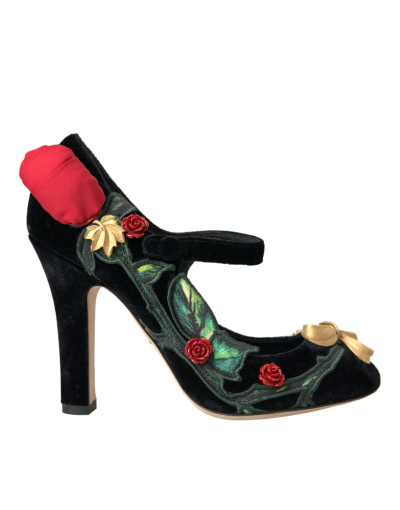 Black Roses Crystal Brooch Mary Jane Shoes Dolce & Gabbana